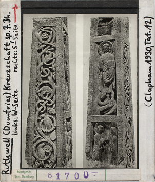 Vorschaubild Ruthwell, Kreuz (Dumfries), Hochkreuz, 2.H. 7. Jh.
links: W-Seite, rechts; S-Seite Diasammlung